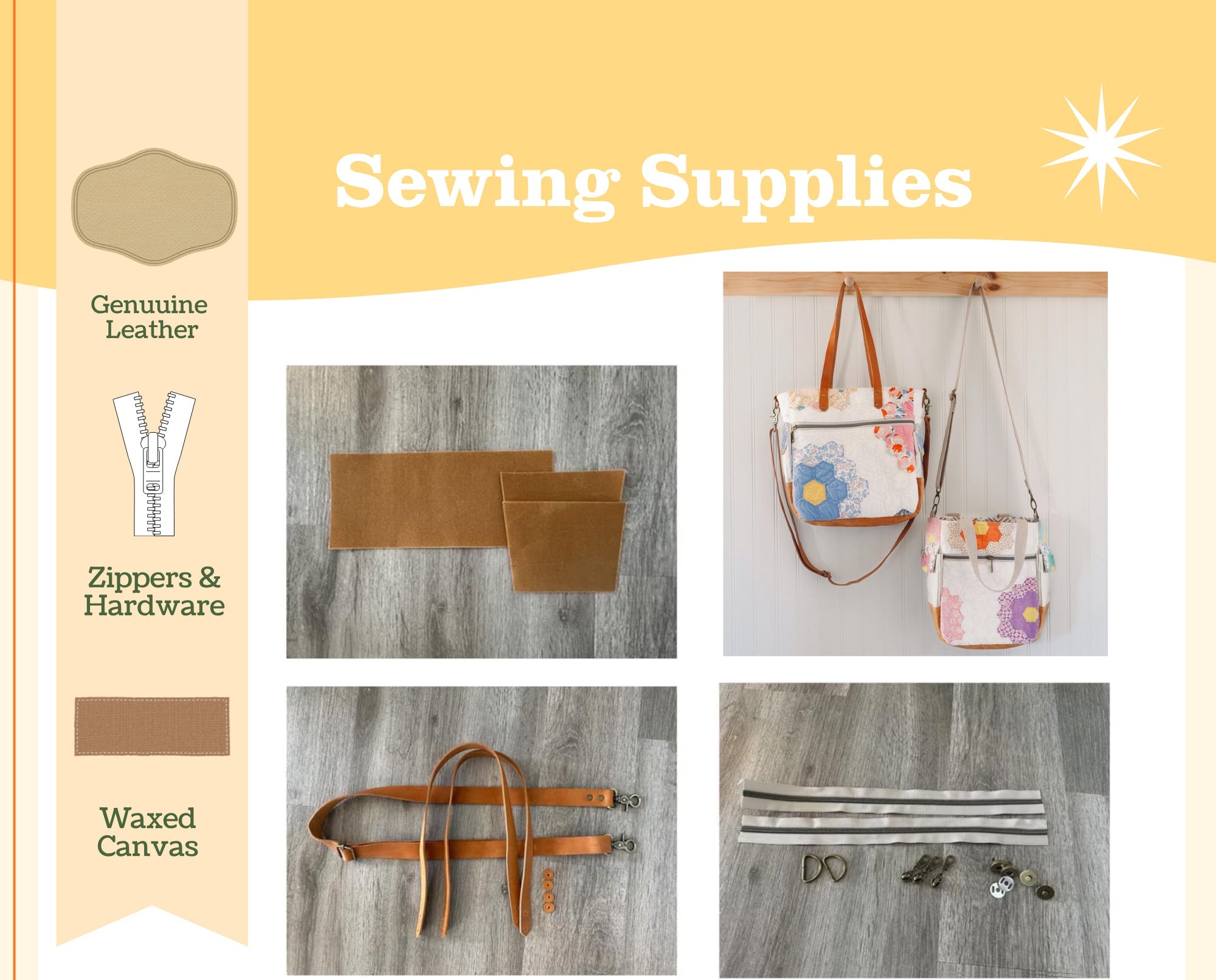 showing sewing supplies including leather, waxed canvas and zippers