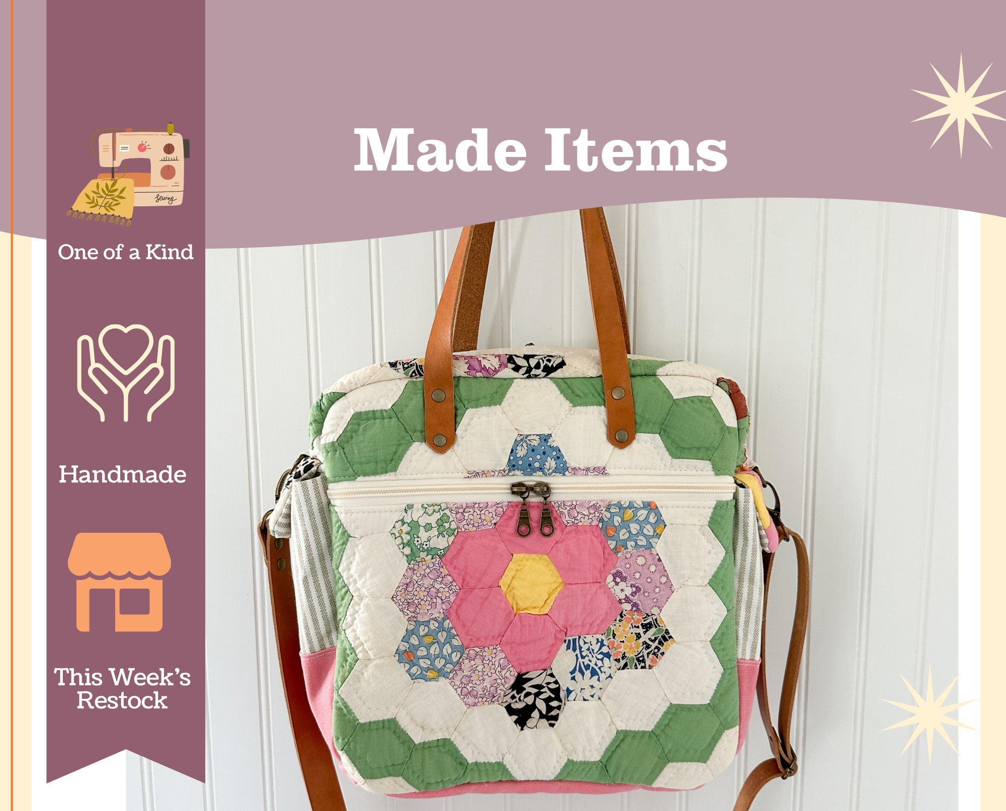 showing a made bag from vintage quilt in the style of a tote with leather handles