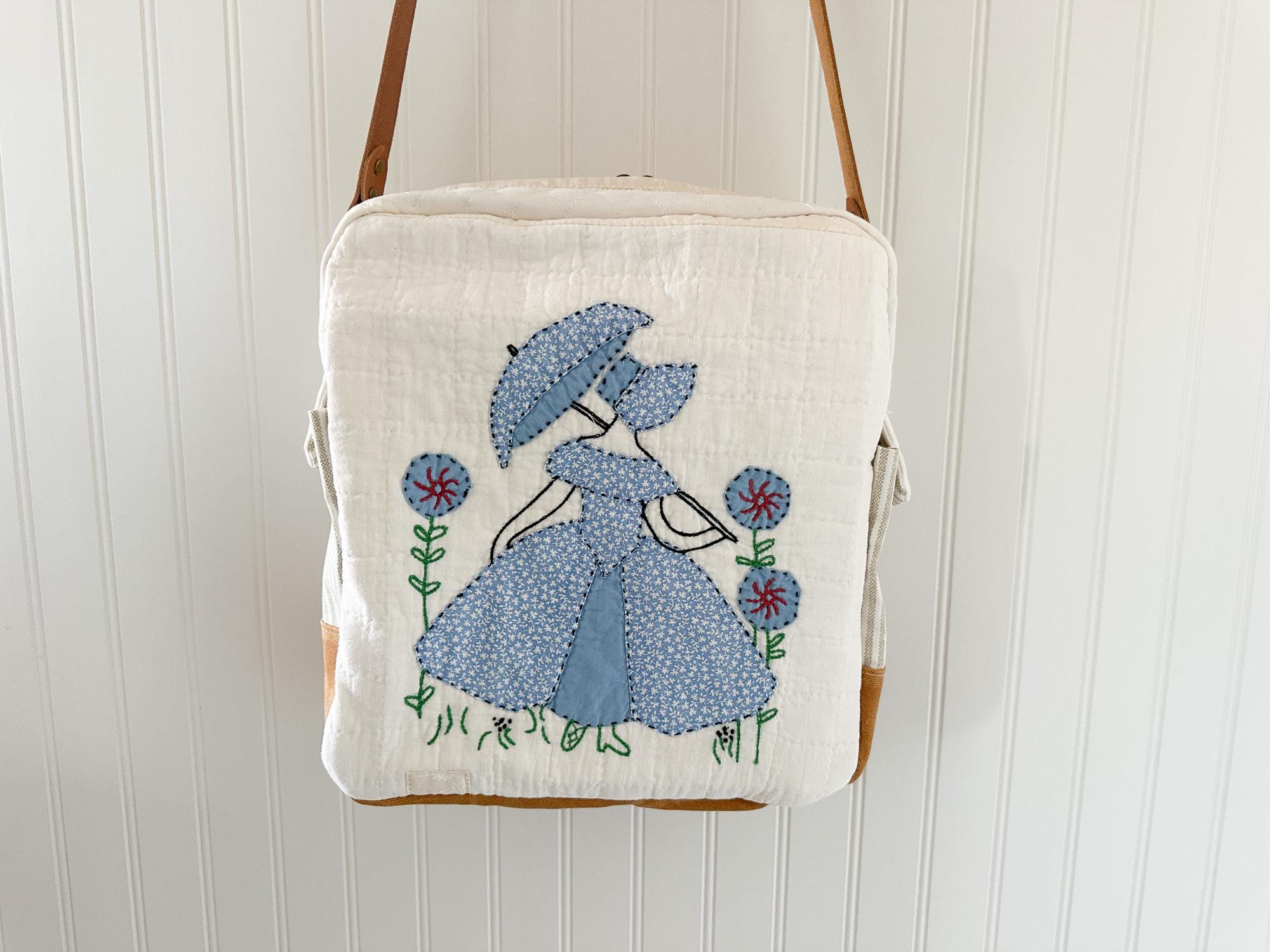 Vintage Ladies with Umbrellas Quilt "Sunday School Teacher's Bag" with front zip Pocket, choice Handles and Crossbody Strap