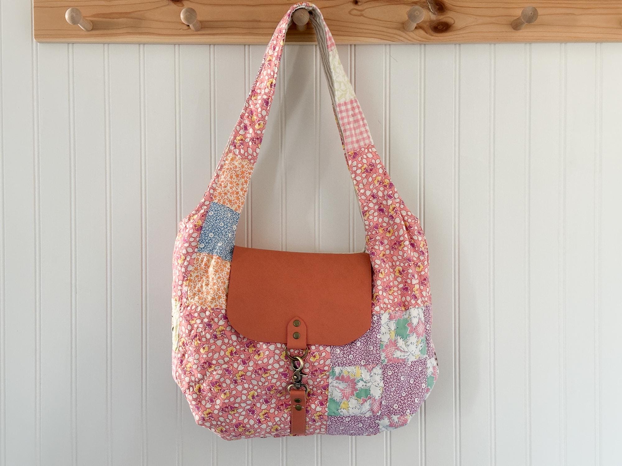 pink vintage qult boho style bag with leather