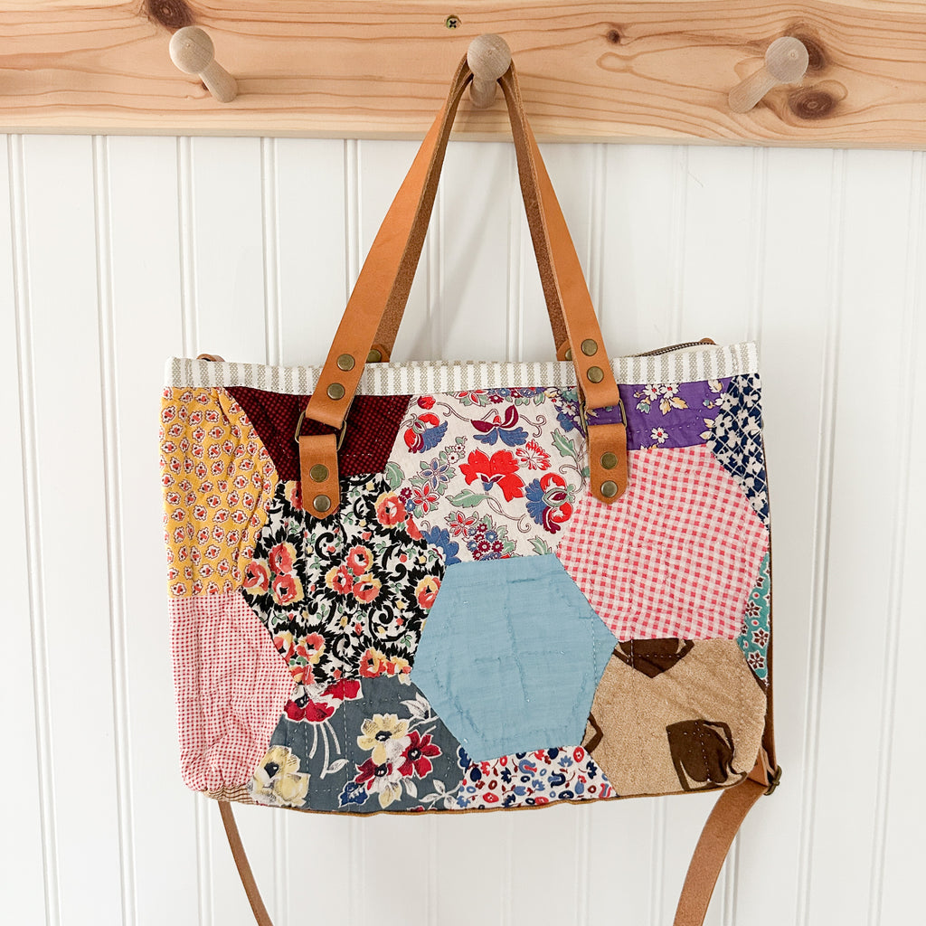 Boxy Bible Bag Vintage Hexagon Quilt with Leather Handles and Crossbody Strap