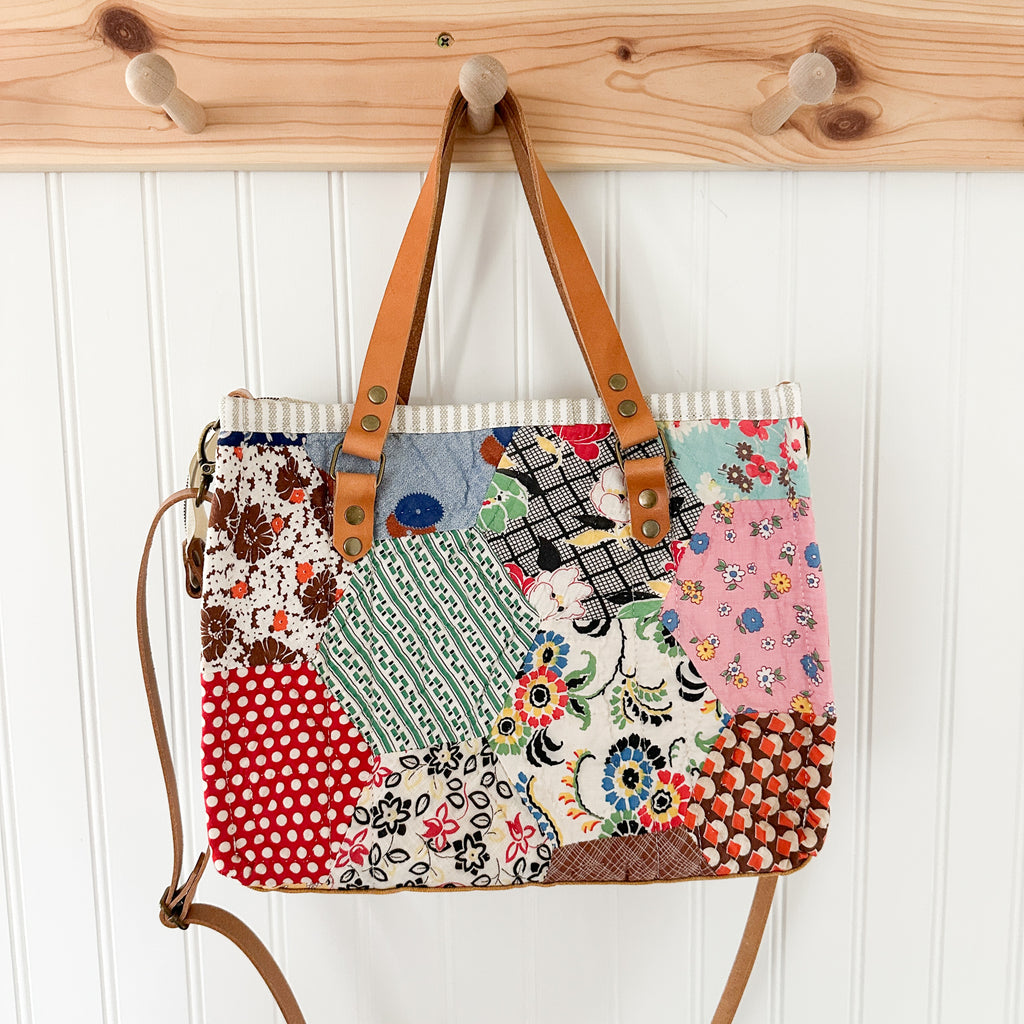 Boxy Bible Bag Vintage Hexagon Quilt with Leather Handles and Crossbody Strap