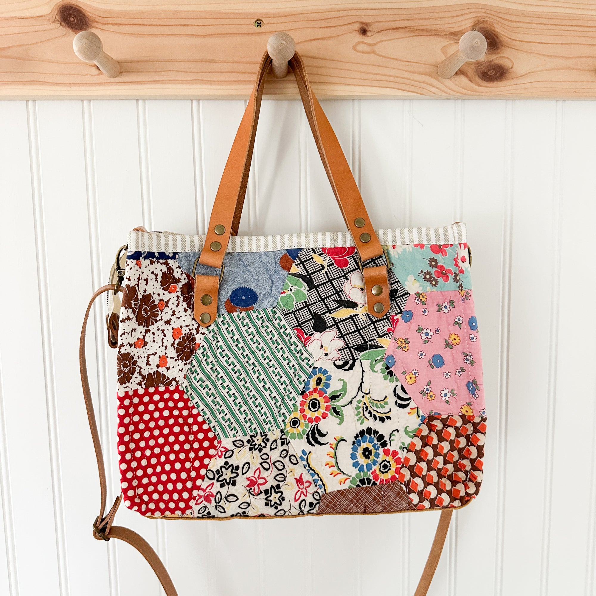 Boxy Bible Bag Vintage Hexagon Quilt with Leather Handles and Crossbody Strap