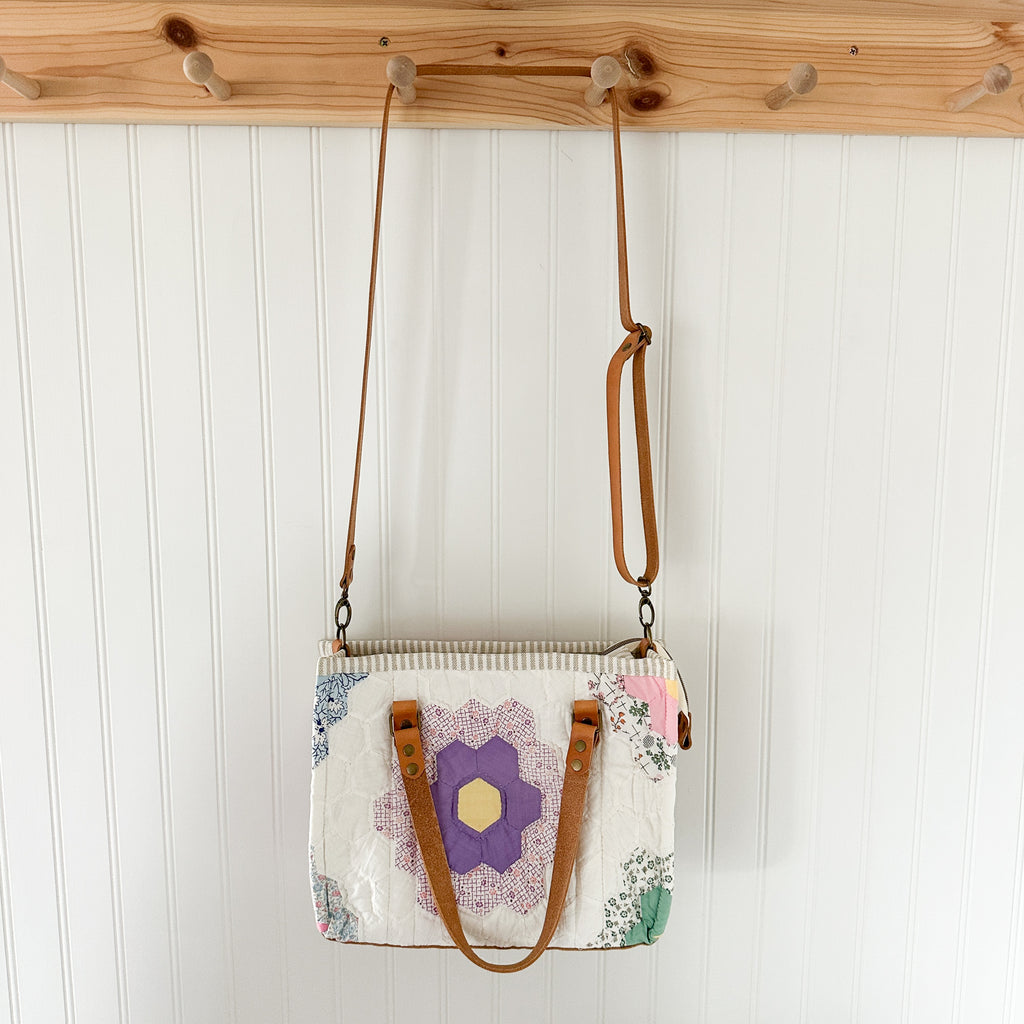 Boxy Bible Bag Vintage Grandmothers Garden Quilt with Leather Handles and Crossbody Strap