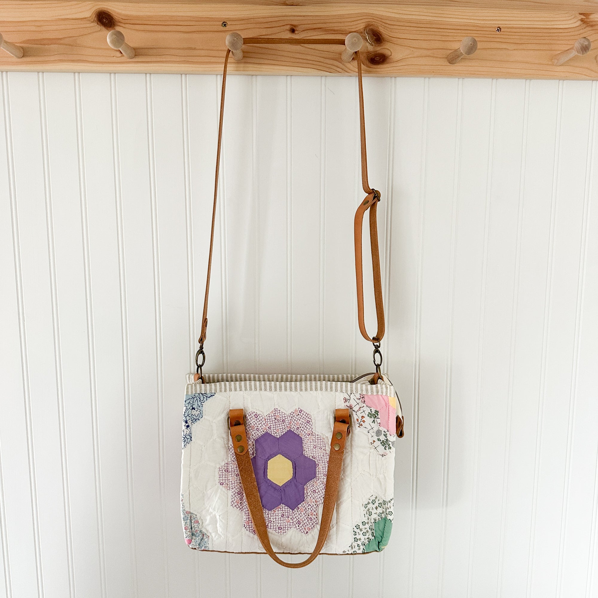 Boxy Bible Bag Vintage Grandmothers Garden Quilt with Leather Handles and Crossbody Strap