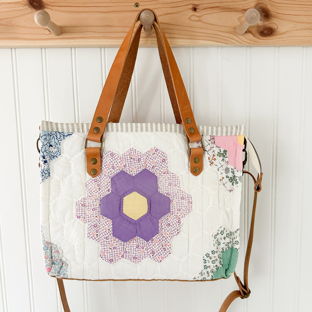 Boxy Bible Bag Vintage Grandmothers Garden Quilt with Leather Handles and Crossbody Strap