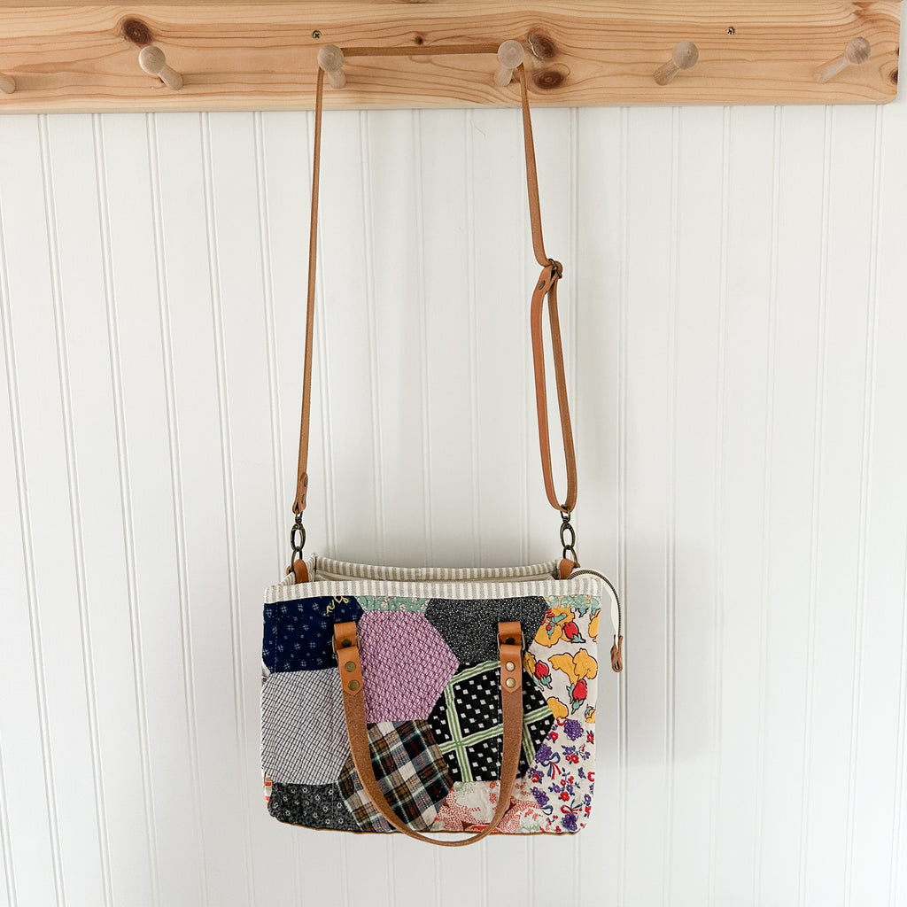 Boxy Bible Bag Vintage Hexagon Quilt with Leather Handles and Crossbody Strap