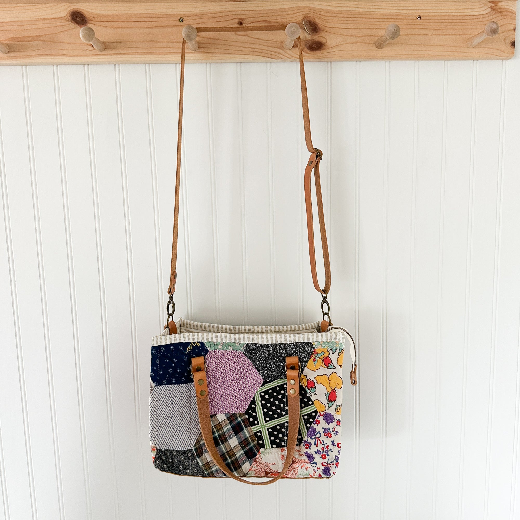 Boxy Bible Bag Vintage Hexagon Quilt with Leather Handles and Crossbody Strap