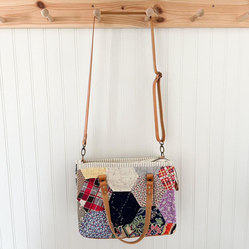 Boxy Bible Bag Vintage Hexagon Quilt with Leather Handles and Crossbody Strap