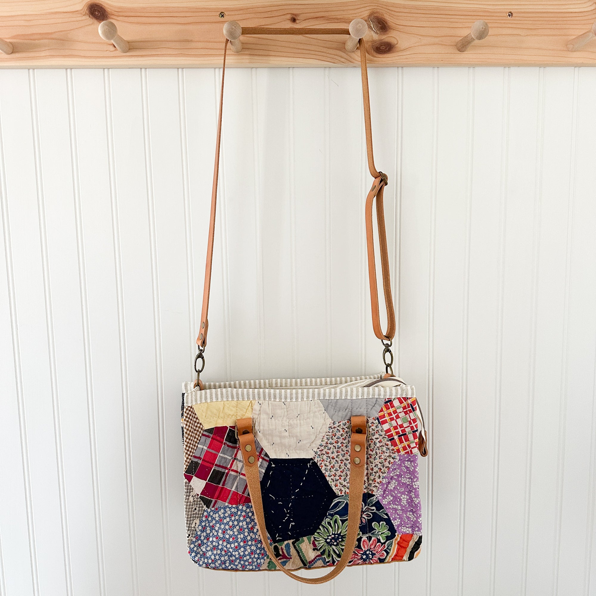 Boxy Bible Bag Vintage Hexagon Quilt with Leather Handles and Crossbody Strap