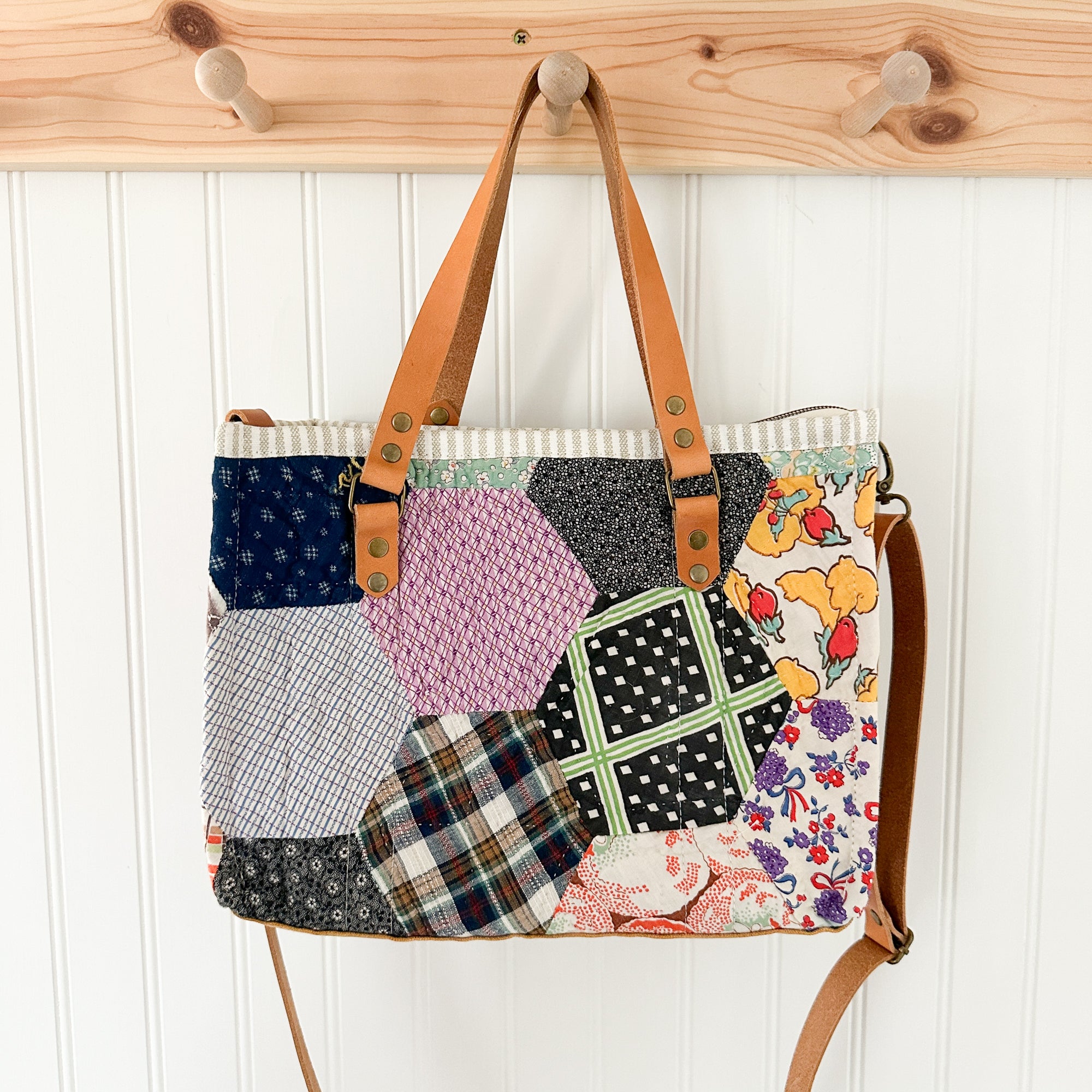 Boxy Bible Bag Vintage Hexagon Quilt with Leather Handles and Crossbody Strap