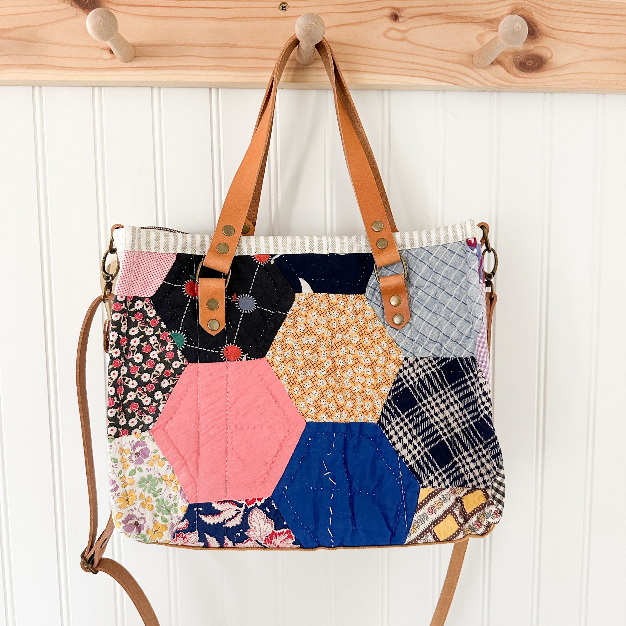 Boxy Bible Bag Vintage Hexagon Quilt with Leather Handles and Crossbody Strap