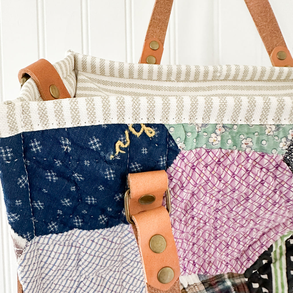 Boxy Bible Bag Vintage Hexagon Quilt with Leather Handles and Crossbody Strap