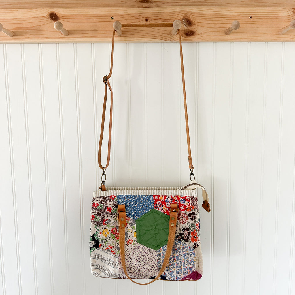 Boxy Bible Bag Vintage Hexagon Quilt with Leather Handles and Crossbody Strap