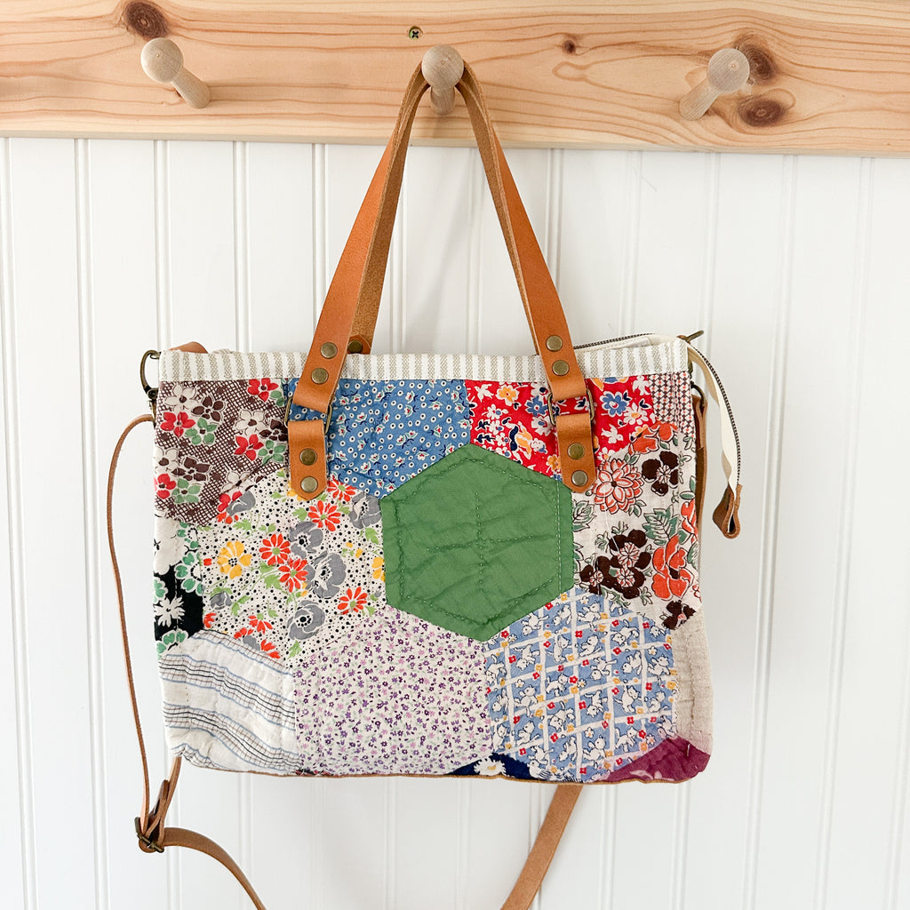 Boxy Bible Bag Vintage Hexagon Quilt with Leather Handles and Crossbody Strap