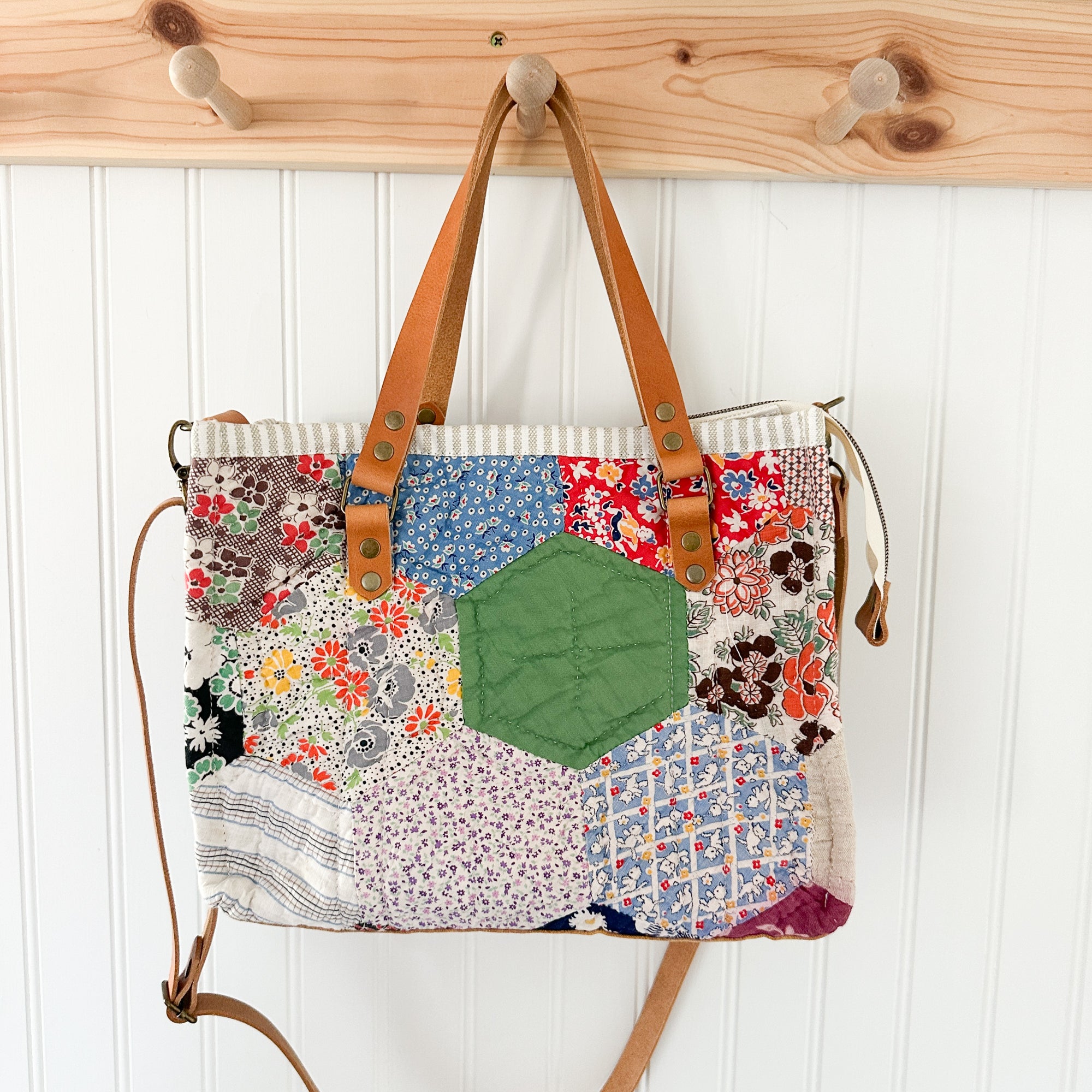 Boxy Bible Bag Vintage Hexagon Quilt with Leather Handles and Crossbody Strap