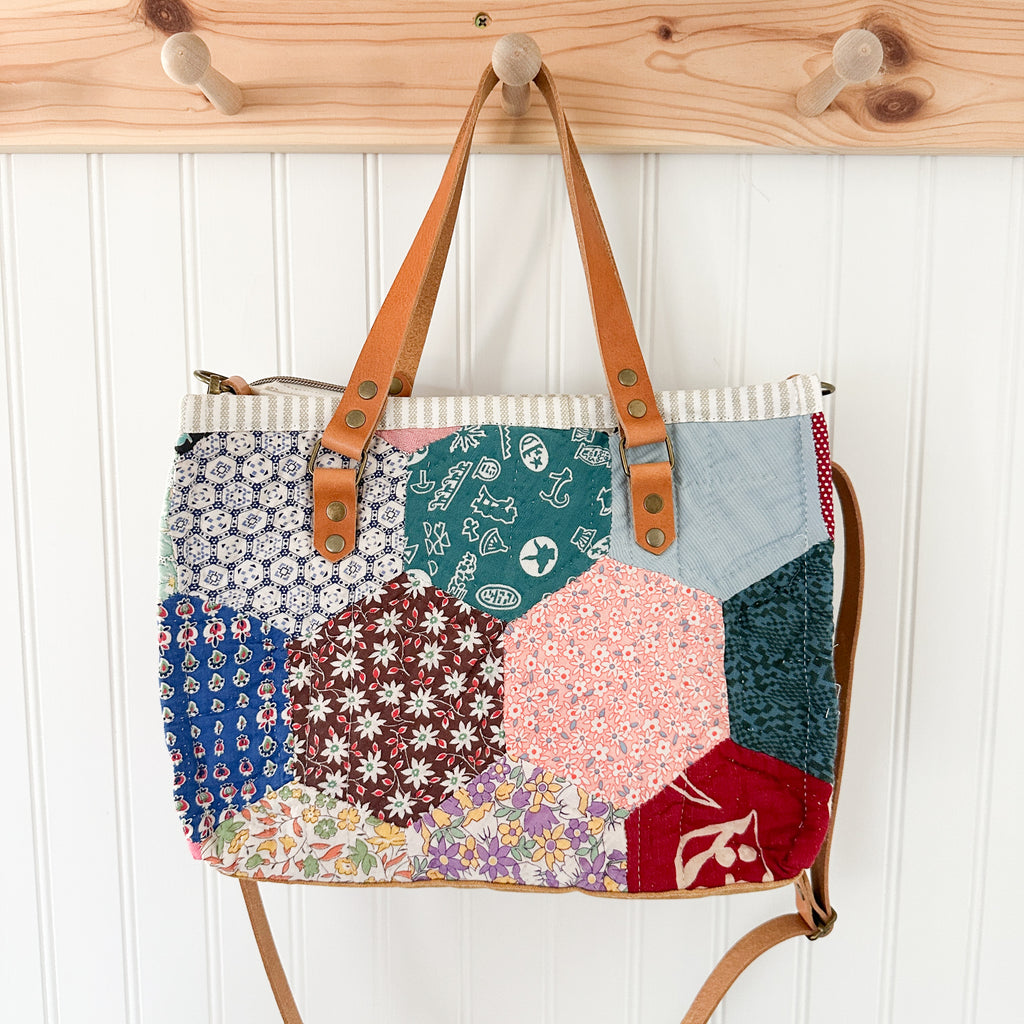 Boxy Bible Bag Vintage Hexagon Quilt with Leather Handles and Crossbody Strap