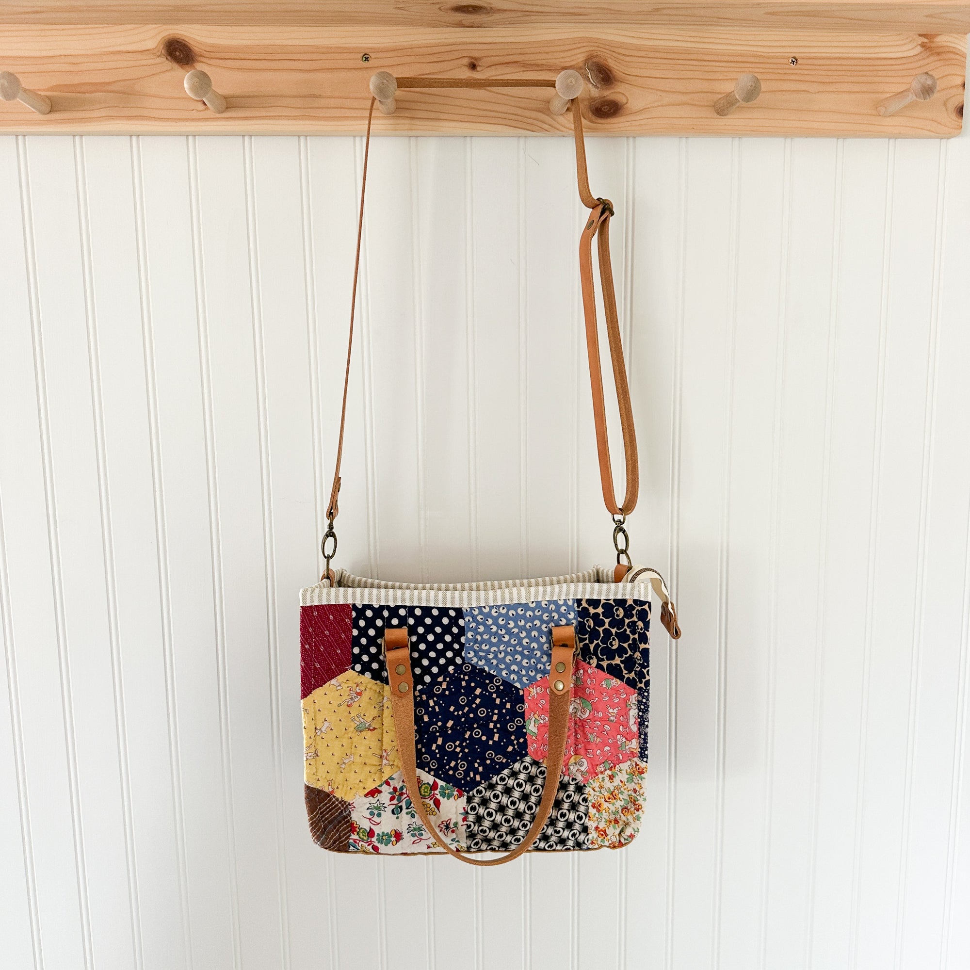Boxy Bible Bag Vintage Hexagon Quilt with Leather Handles and Crossbody Strap