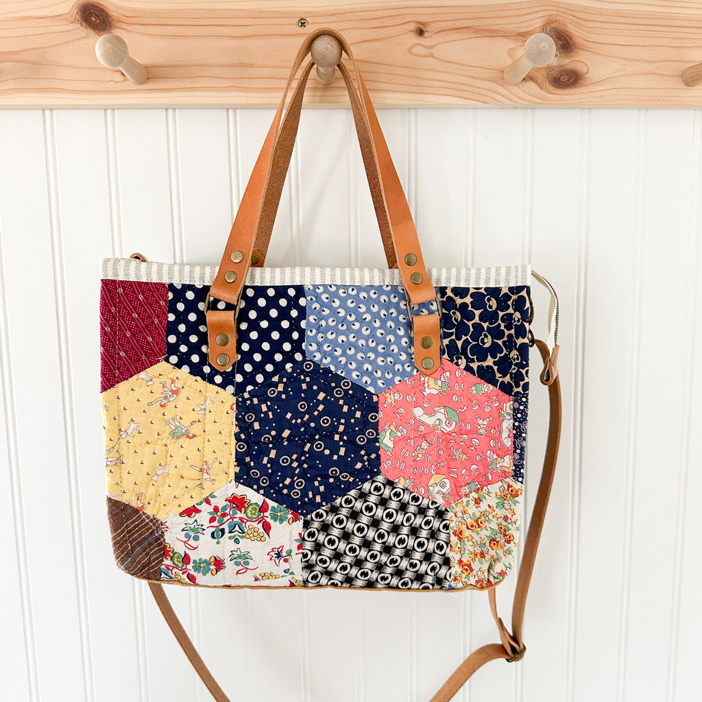 Boxy Bible Bag Vintage Hexagon Quilt with Leather Handles and Crossbody Strap