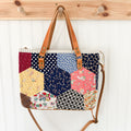 Boxy Bible Bag Vintage Hexagon Quilt with Leather Handles and Crossbody Strap