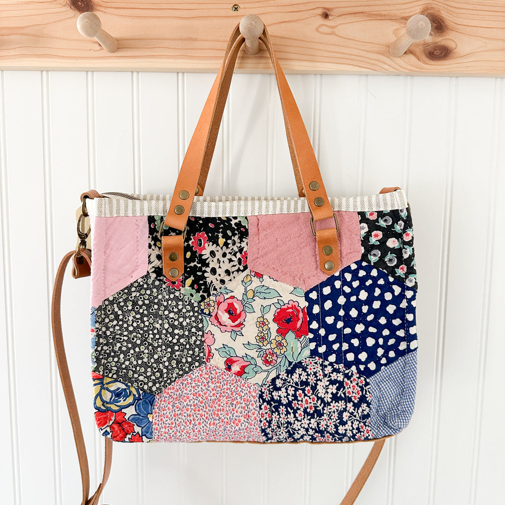 Boxy Bible Bag Vintage Hexagon Quilt with Leather Handles and Crossbody Strap