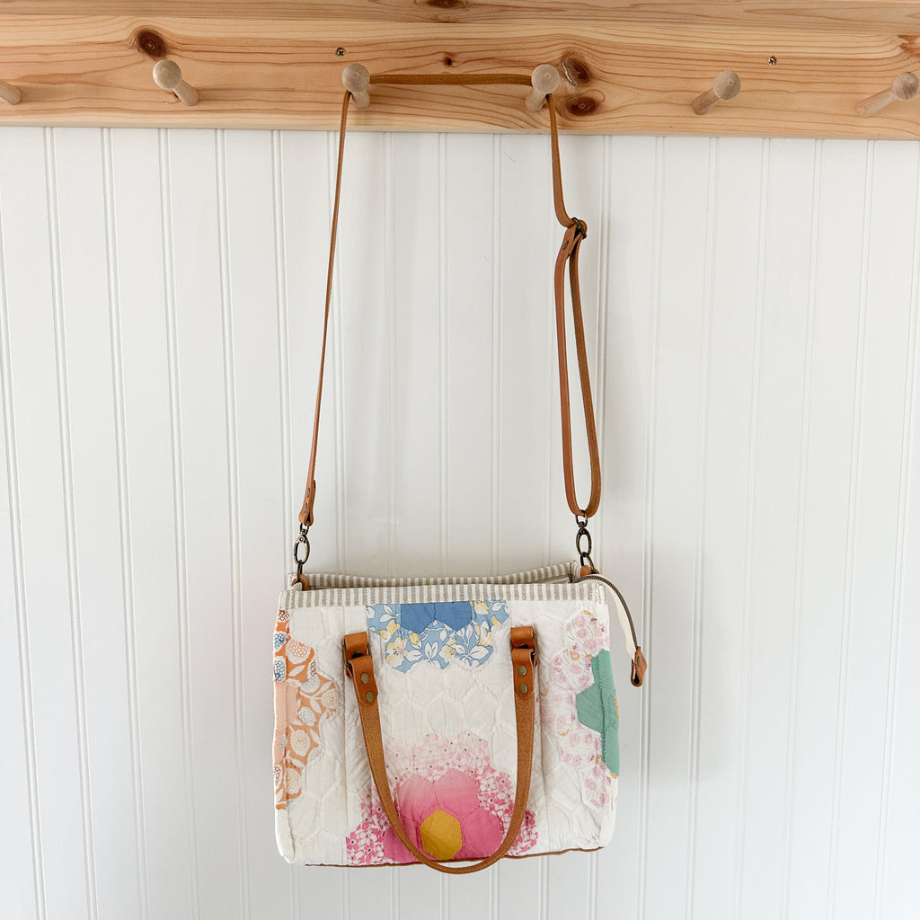 Boxy Bible Bag Vintage Grandmothers Garden Quilt with Leather Handles and Crossbody Strap
