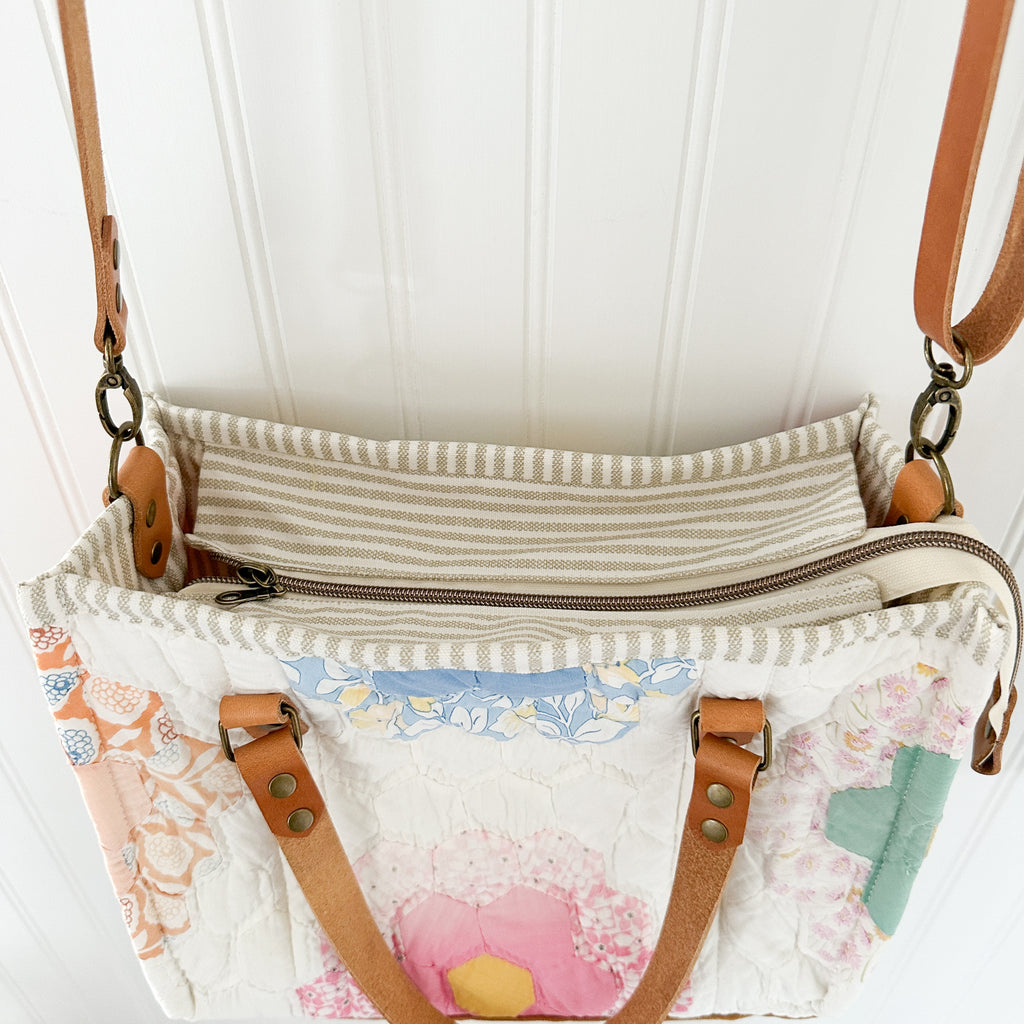 Boxy Bible Bag Vintage Grandmothers Garden Quilt with Leather Handles and Crossbody Strap