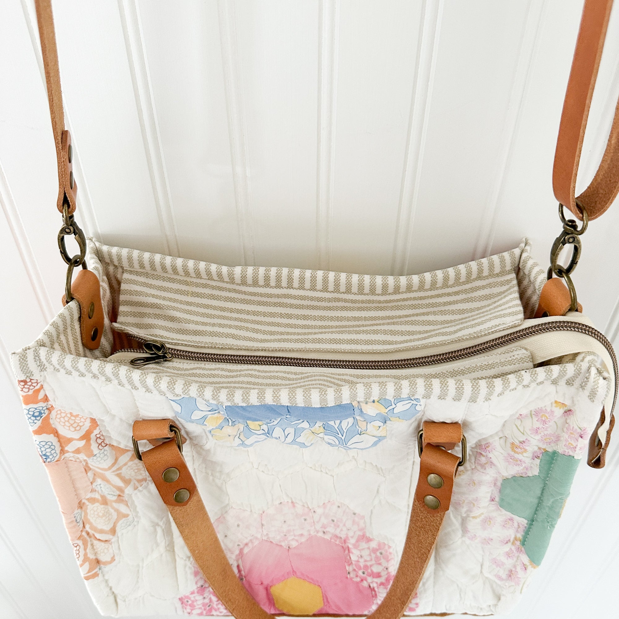Boxy Bible Bag Vintage Grandmothers Garden Quilt with Leather Handles and Crossbody Strap