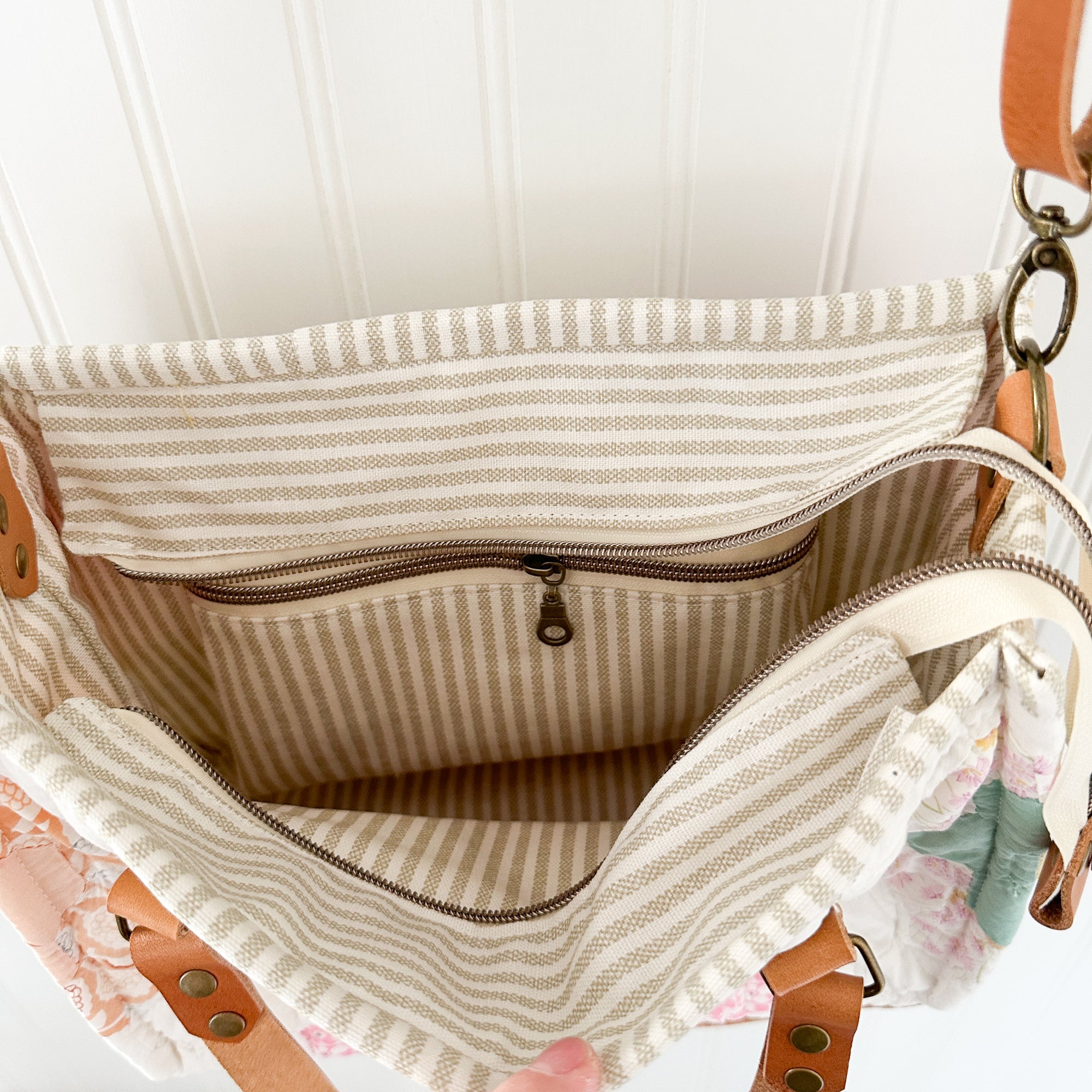 Boxy Bible Bag Vintage Grandmothers Garden Quilt with Leather Handles and Crossbody Strap