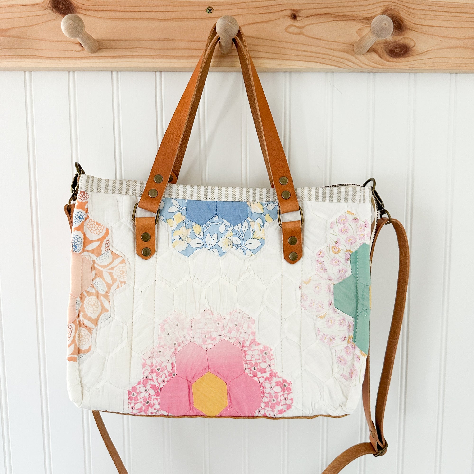 Boxy Bible Bag Vintage Grandmothers Garden Quilt with Leather Handles and Crossbody Strap