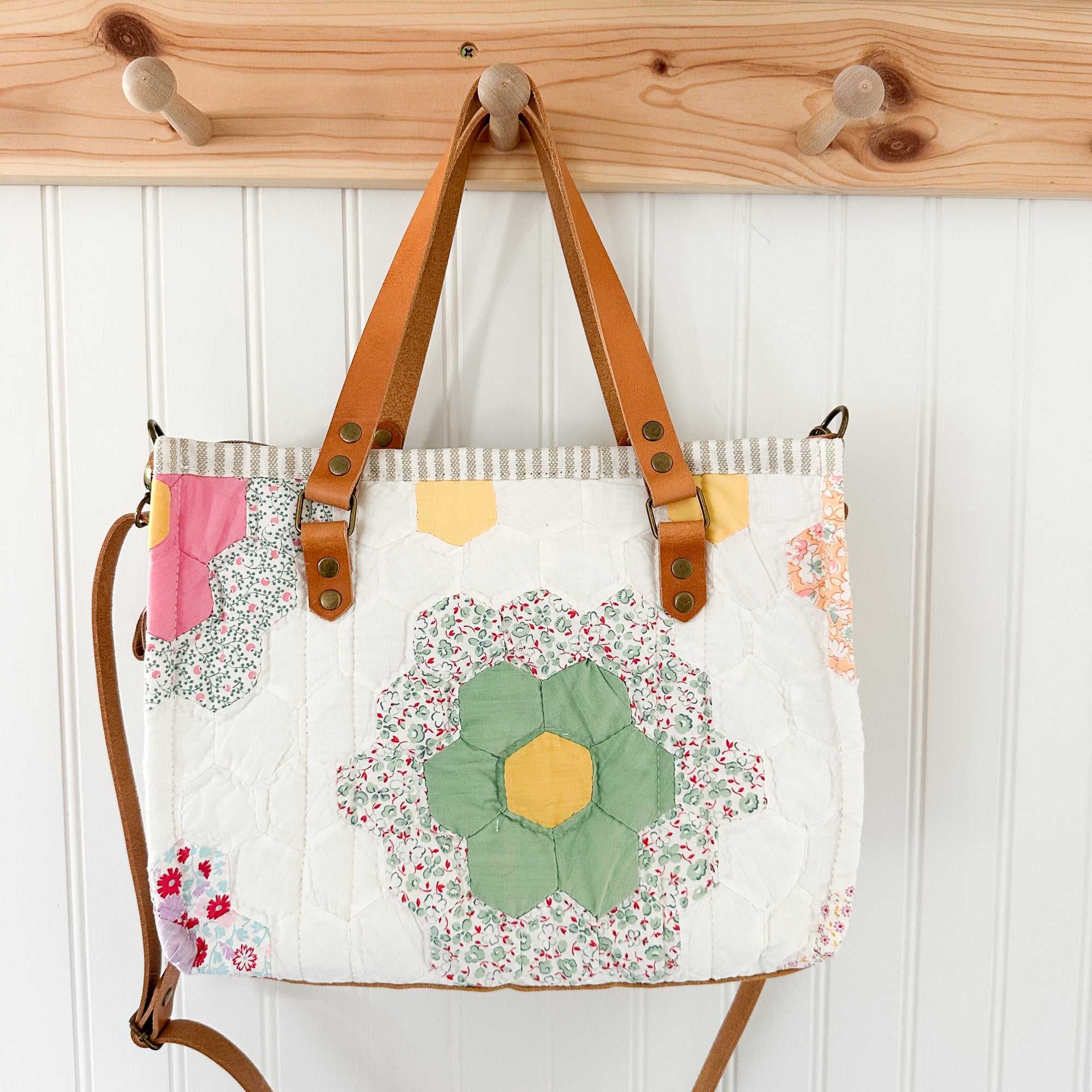 Boxy Bible Bag Vintage Grandmothers Garden Quilt with Leather Handles and Crossbody Strap
