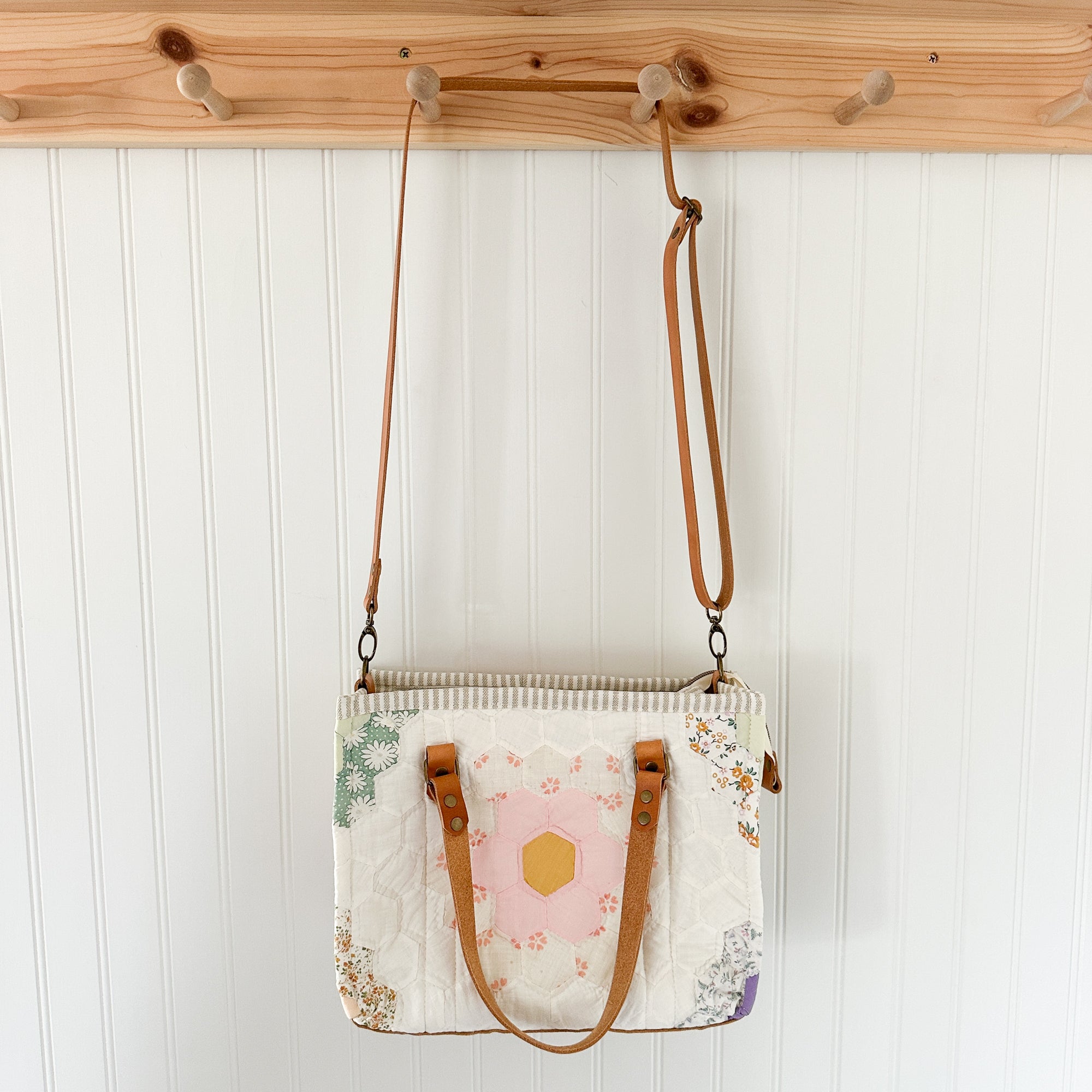 Boxy Bible Bag Vintage Grandmothers Garden Quilt with Leather Handles and Crossbody Strap