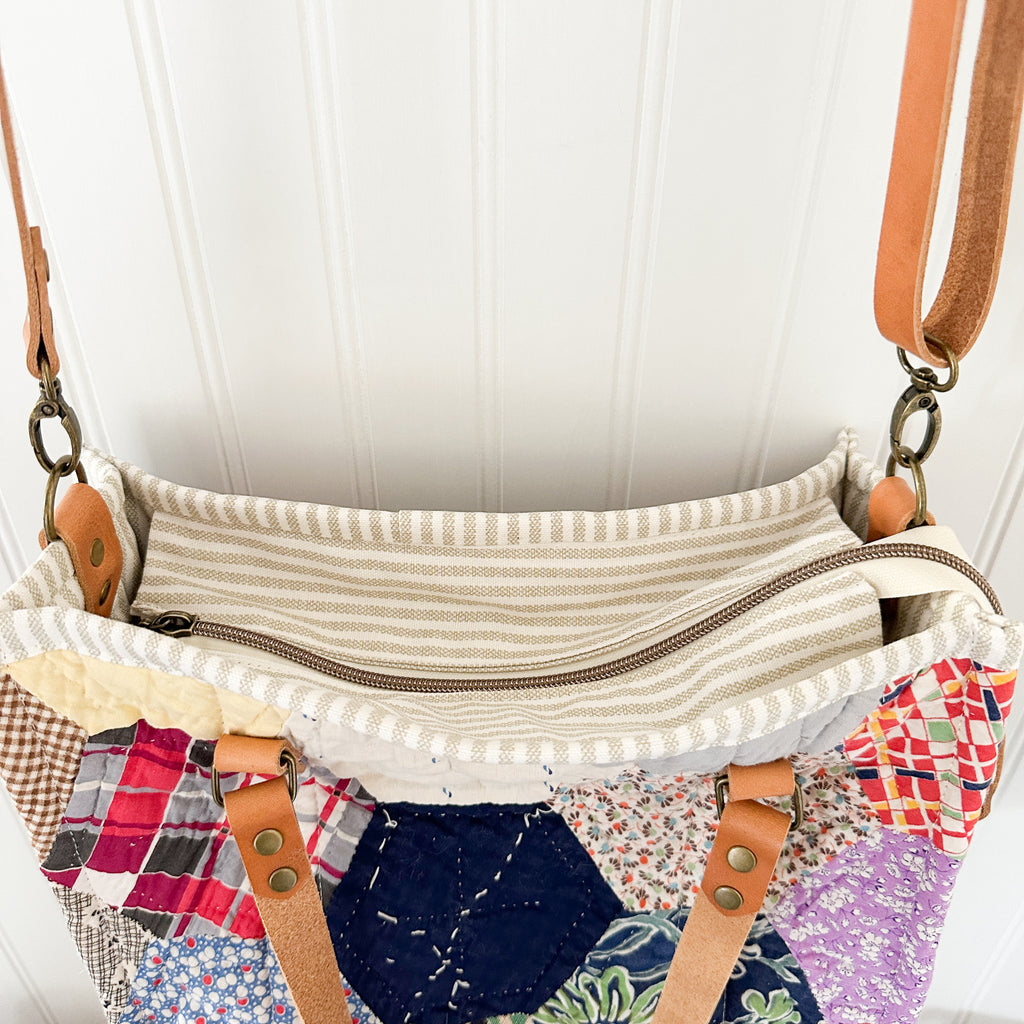Boxy Bible Bag Vintage Hexagon Quilt with Leather Handles and Crossbody Strap