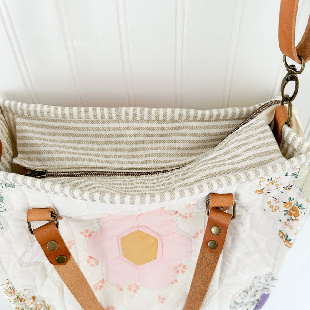 Boxy Bible Bag Vintage Grandmothers Garden Quilt with Leather Handles and Crossbody Strap