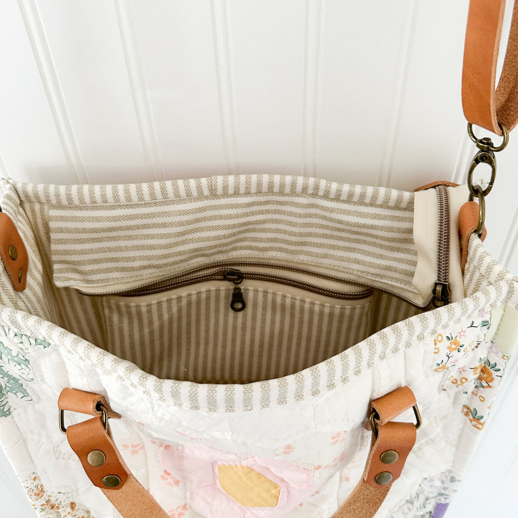Boxy Bible Bag Vintage Grandmothers Garden Quilt with Leather Handles and Crossbody Strap