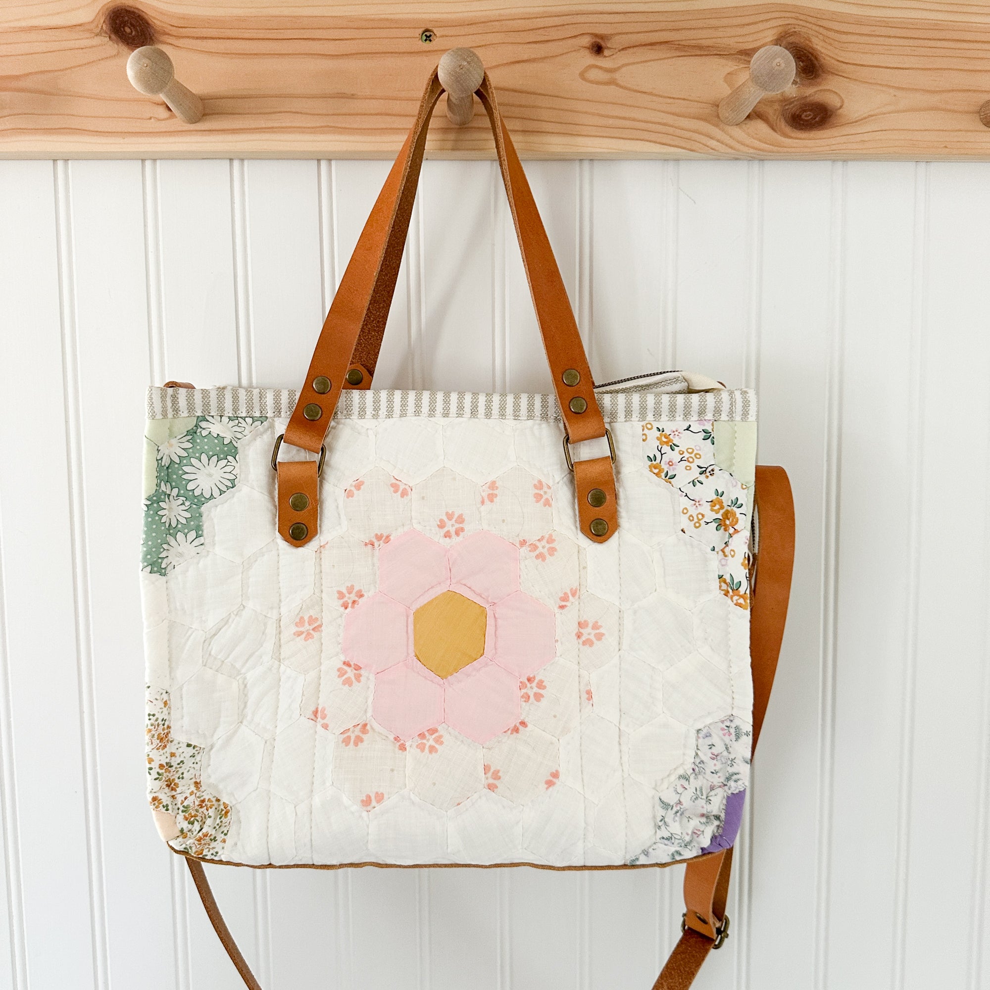 Boxy Bible Bag Vintage Grandmothers Garden Quilt with Leather Handles and Crossbody Strap