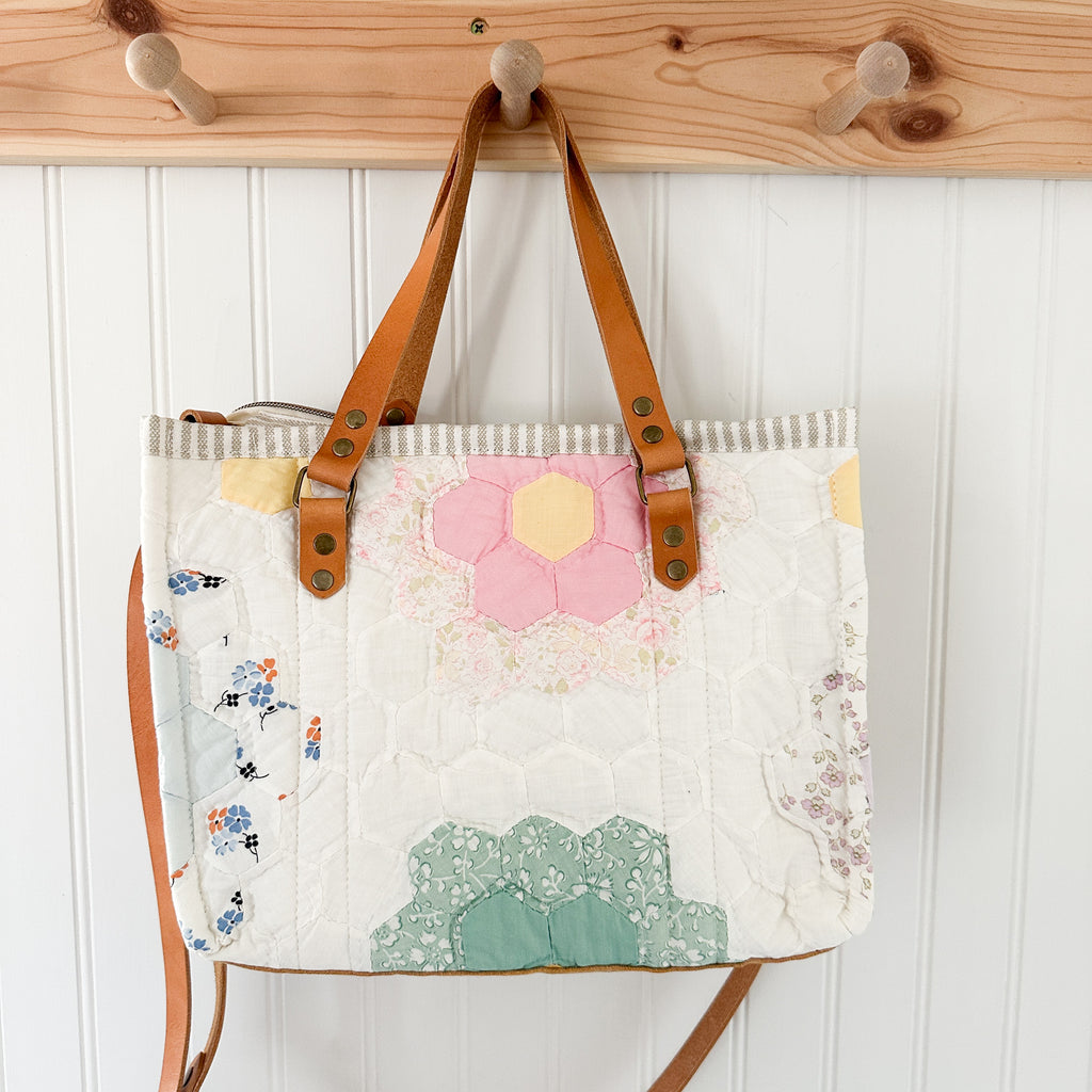 Boxy Bible Bag Vintage Grandmothers Garden Quilt with Leather Handles and Crossbody Strap