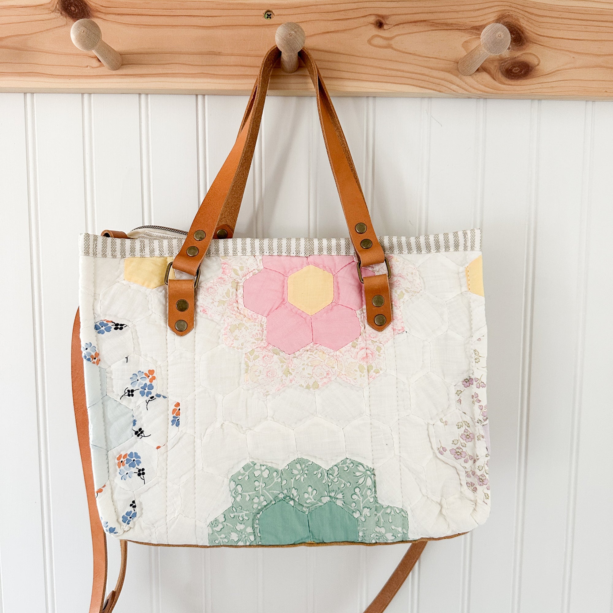Boxy Bible Bag Vintage Grandmothers Garden Quilt with Leather Handles and Crossbody Strap