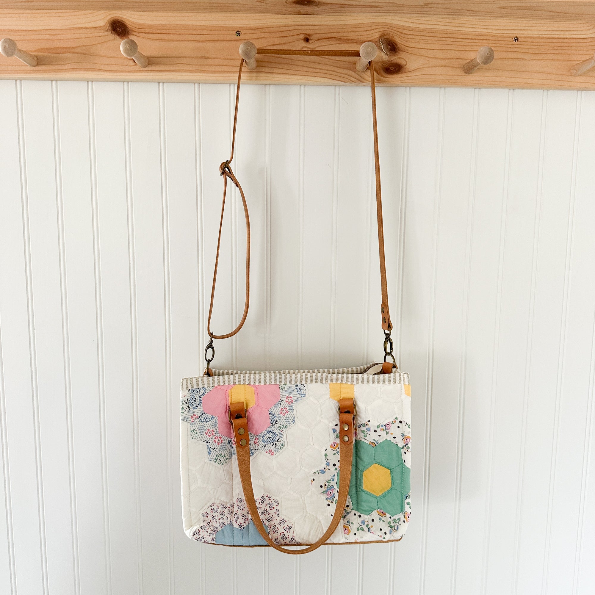 Boxy Bible Bag Vintage Grandmothers Garden Quilt with Leather Handles and Crossbody Strap