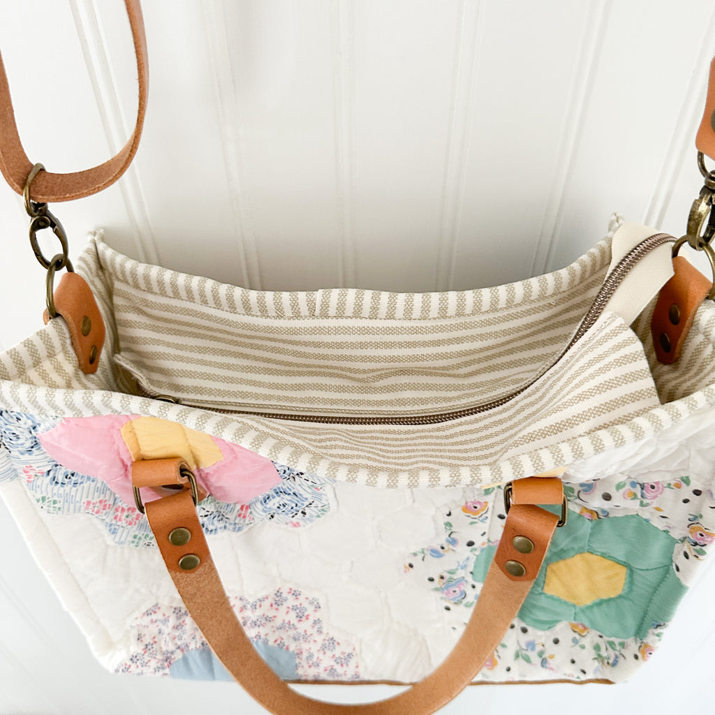 Boxy Bible Bag Vintage Grandmothers Garden Quilt with Leather Handles and Crossbody Strap