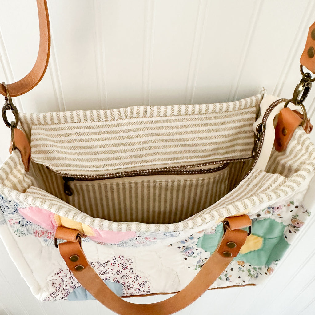 Boxy Bible Bag Vintage Grandmothers Garden Quilt with Leather Handles and Crossbody Strap