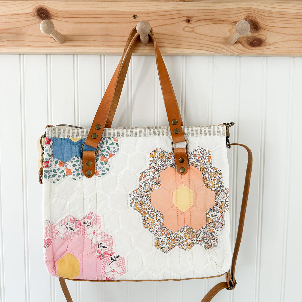 Boxy Bible Bag Vintage Grandmothers Garden Quilt with Leather Handles and Crossbody Strap