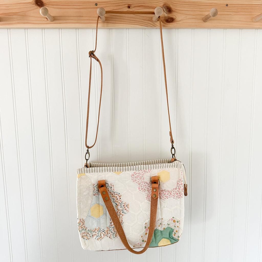 Boxy Bible Bag Vintage Grandmothers Garden Quilt with Leather Handles and Crossbody Strap