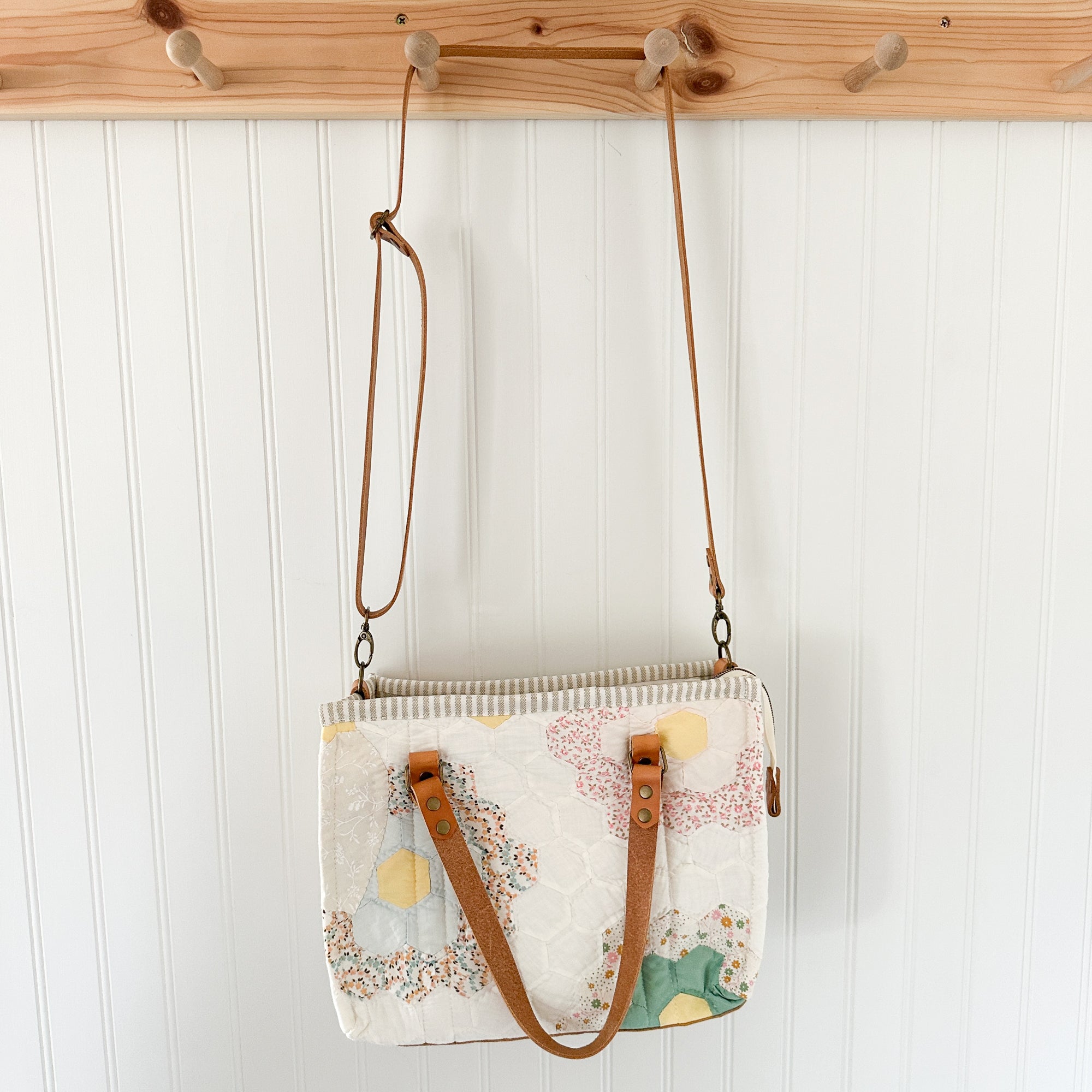 Boxy Bible Bag Vintage Grandmothers Garden Quilt with Leather Handles and Crossbody Strap