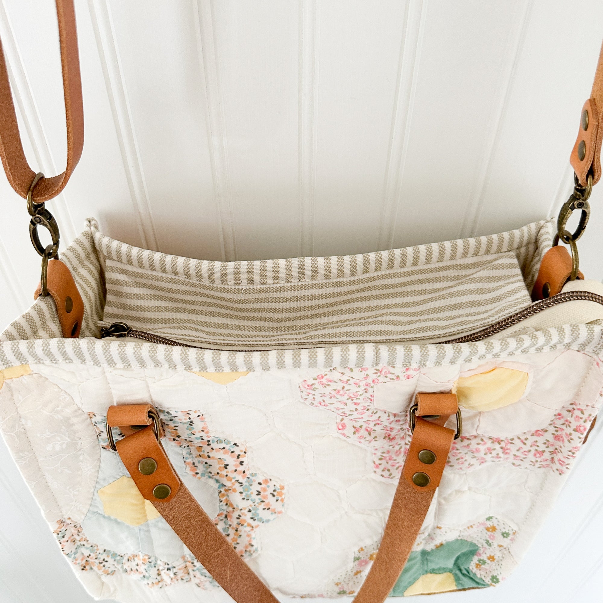 Boxy Bible Bag Vintage Grandmothers Garden Quilt with Leather Handles and Crossbody Strap