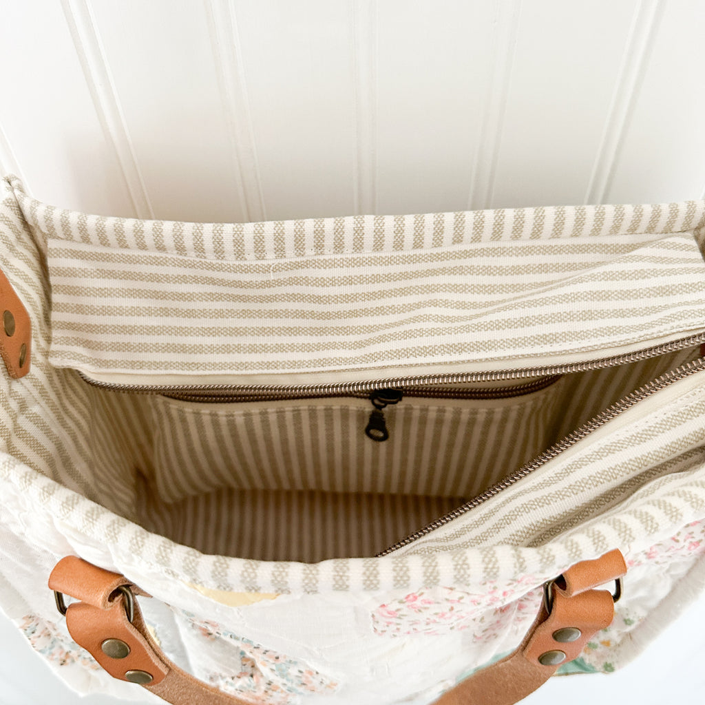 Boxy Bible Bag Vintage Grandmothers Garden Quilt with Leather Handles and Crossbody Strap