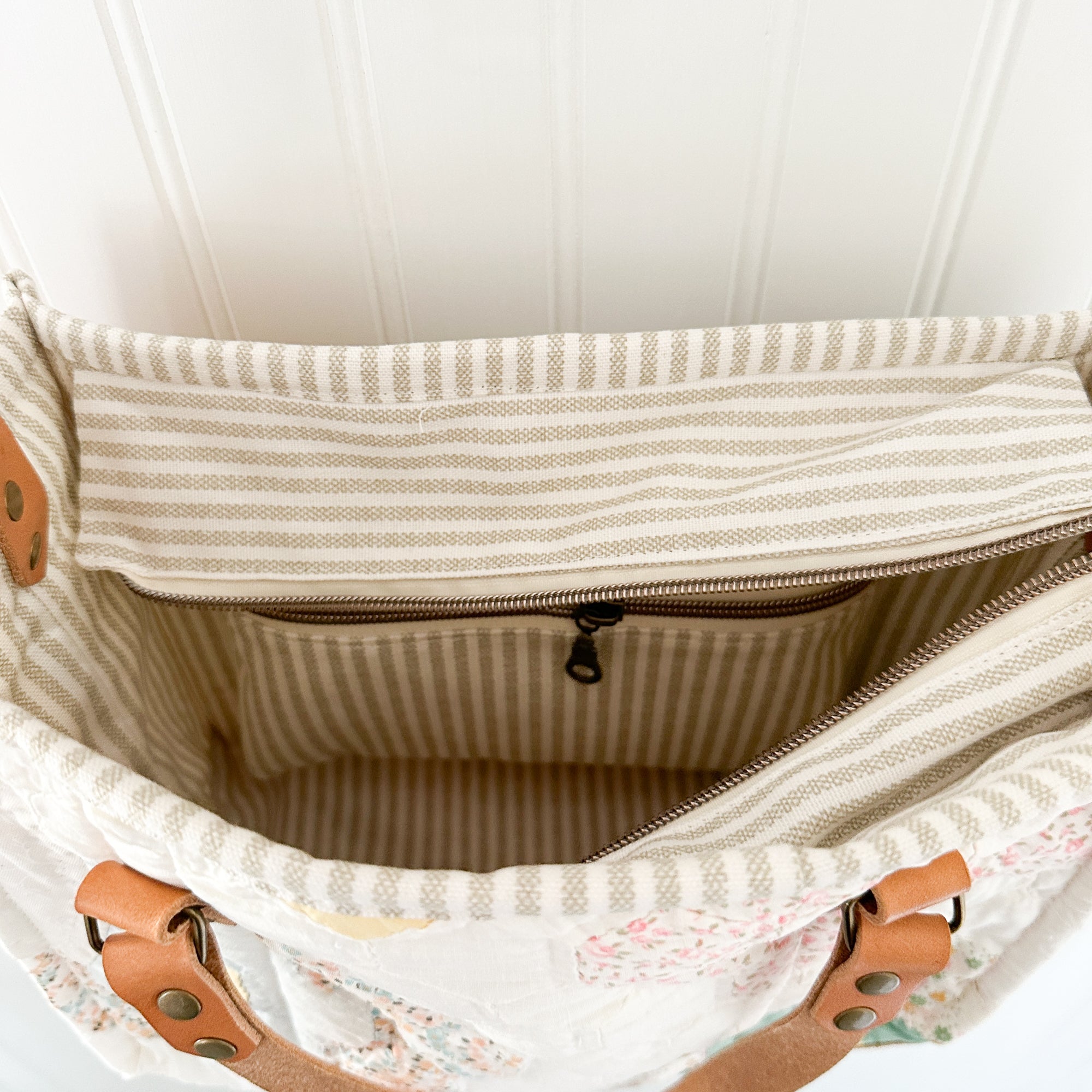 Boxy Bible Bag Vintage Grandmothers Garden Quilt with Leather Handles and Crossbody Strap