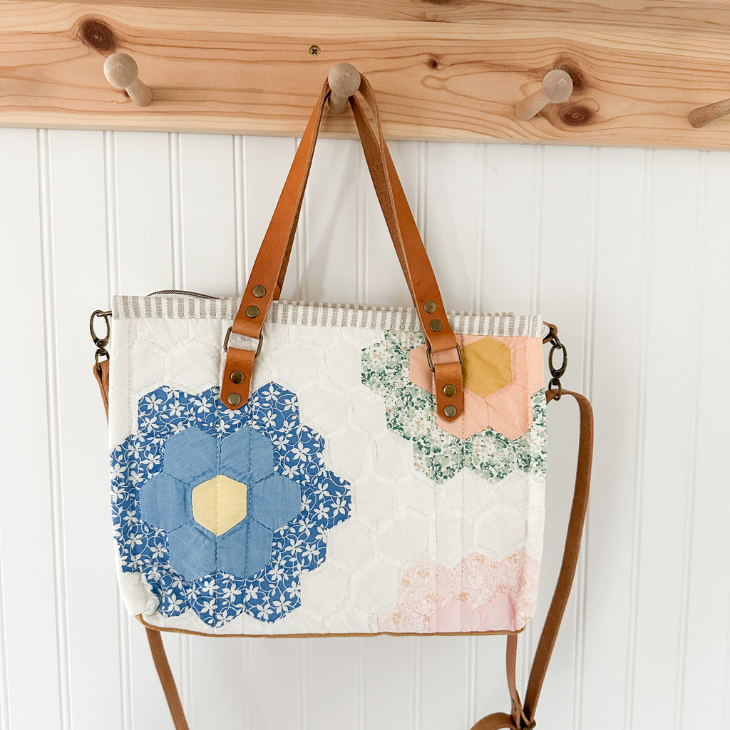 Boxy Bible Bag Vintage Grandmothers Garden Quilt with Leather Handles and Crossbody Strap