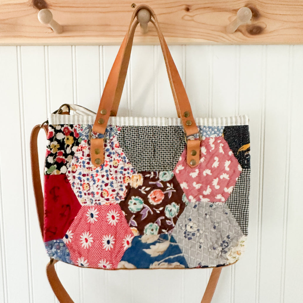 Boxy Bible Bag Vintage Hexagon Quilt with Leather Handles and Crossbody Strap