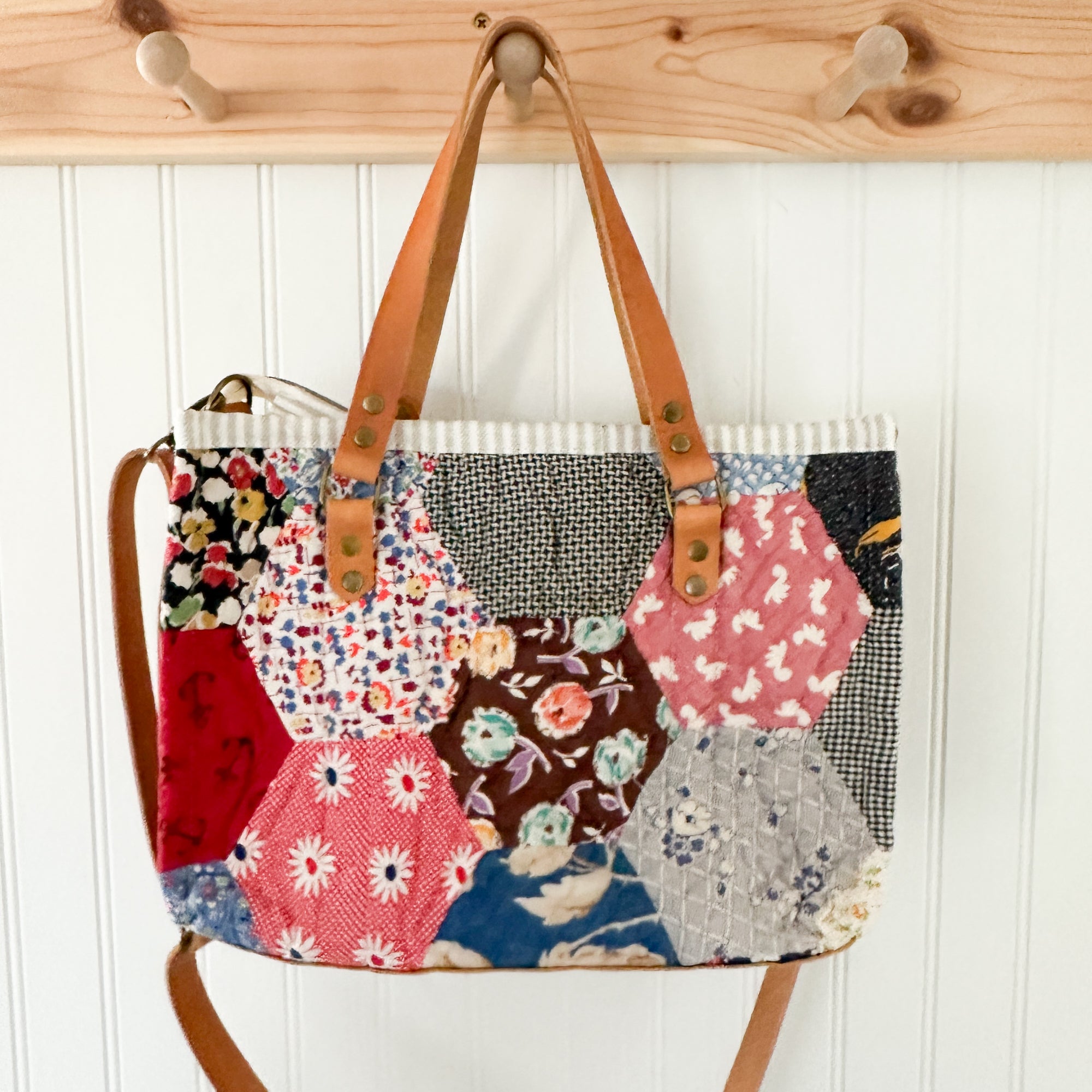 Boxy Bible Bag Vintage Hexagon Quilt with Leather Handles and Crossbody Strap
